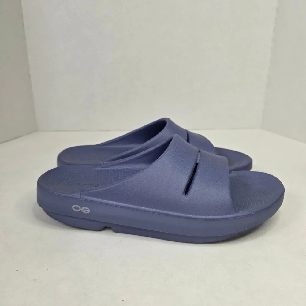 OOFOS Women 8 OOahh Recovery Slide Sandals Navy Blue Orthopedic Comfort Shoes